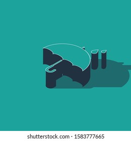 Isometric Umbrella and rain drops icon isolated on green background. Waterproof icon. Protection, safety, security concept. Water resistant symbol.  Vector Illustration