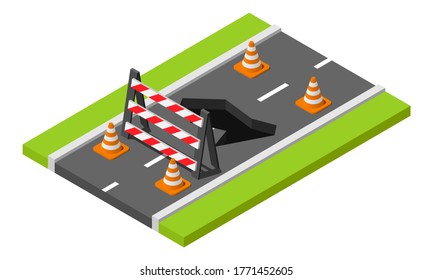 Isometric under construction barrier and traffic cones on the road. Road repair illustration.