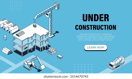 Cartel isométrico en construcción. Grúa de construcción con edificio. Tractor y hormigonera. Página de mantenimiento. Diseño de página web de aterrizaje. Ilustración vectorial lineal aislada sobre fondo azul