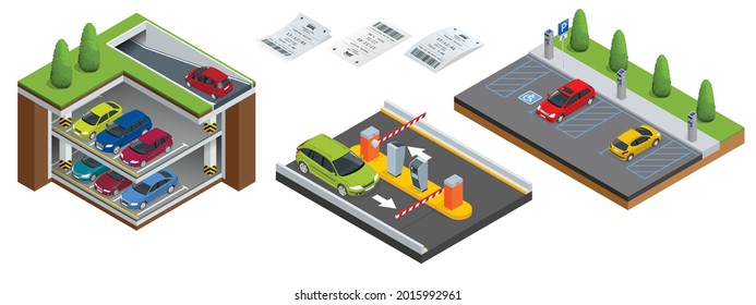 Isometric Underground parking with cars. Indoor car park under house or office. City parking lot with a set of different cars. Public car-park. Car in the parking lot and Parking tickets.