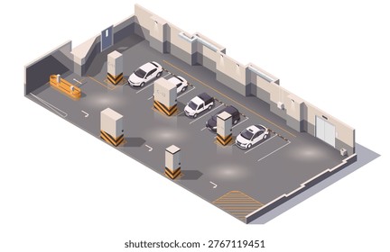 Isometric underground parking garage with parked cars on a light background, concept of urban transport. Vector illustration