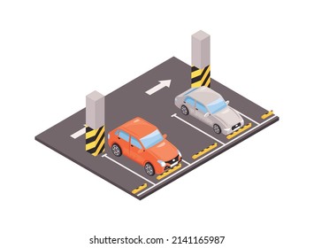 Isometric underground parking with two parked cars 3d vector illustration