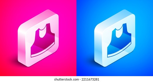 Isometric Undershirt icon isolated on pink and blue background. Silver square button. Vector