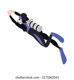 Isometric underwater scuba diver composition with isolated human character of diver in suit vector illustration