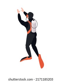 Isometric underwater scuba diver composition with isolated human character of diver in suit vector illustration