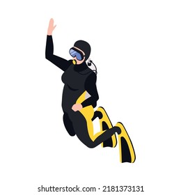 Isometric underwater scuba diver composition with isolated human character of diver in suit vector illustration