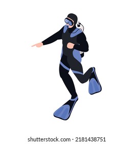 Isometric underwater scuba diver composition with isolated human character of diver in suit vector illustration