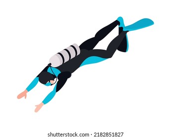 Isometric underwater scuba diver composition with isolated human character of diver in suit vector illustration