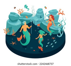 Isometric underwater world composition with isolated view of mermaid creatures having party with fishes sea stars vector illustration
