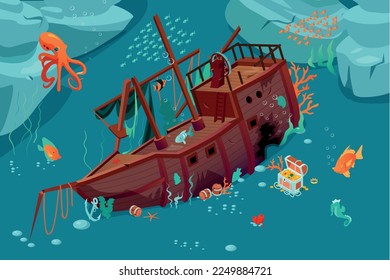 Isometric underwater world composition with view of vintage sunken ship with treasure chest fishes and octopus vector illustration