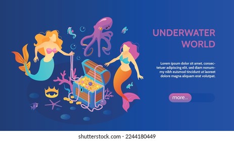 Isometric underwater world horizontal banner with editable text more button and images of mermaids treasure chest vector illustration