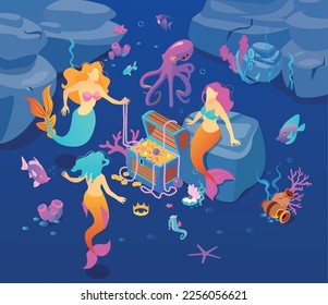 Composición isométrica de sirenas submarinas del mundo con sirenas que rodean el cofre del tesoro con peces estrellas del mar y cordón ilustración vectorial