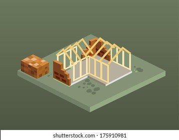 Isometric Unfinished Brick House Construction. Isolated Vector Illustration.