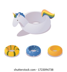 Isometric unicorn swimming ring. Set of colorful travel accessorioes