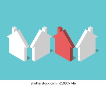 Isometric unique red house among many white ones on turquoise blue background. Real estate, home and construction concept. Flat design. No transparency, no gradients