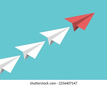 Isometric unique red leader paper plane leading row of others. Leadership, courage, management, motivation and inspiration concept. Flat design. EPS 8 vector illustration, no transparency