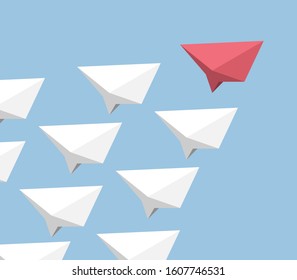 Isometric unique red solid leader paper plane leading group. Leadership, management, competition, motivation and teamwork concept. Flat design. EPS 8 vector illustration, no transparency, no gradients