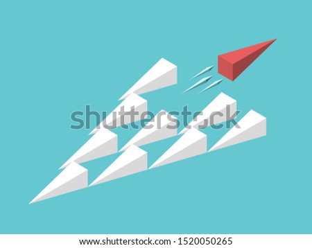 Isometric unique red wedge moving away from group. Uniqueness, trend, freedom, individuality, innovation and creativity concept. Flat design. EPS 8 vector illustration, no transparency, no gradients