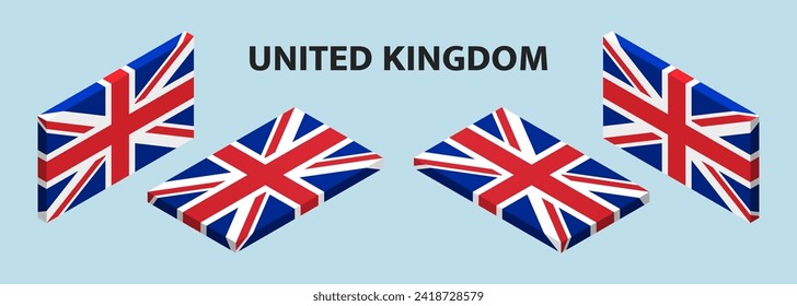 Isometric United Kingdom flag. 3D Great Britain flag in different angles.
