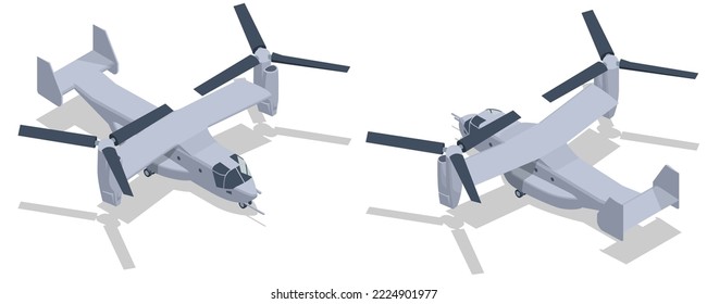 Isometric United States Air Force V-22B Osprey tiltrotor military aircraft. Tiltrotor for military operations. Military transport aircraft
