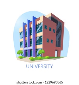 Isometric university building. Modern construction for higher education, exterior view at municipal college or university. Architecture and study, knowledge institution and panorama theme