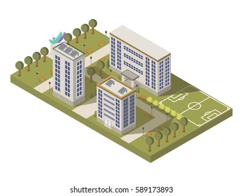 Isometric University Campus Composition With  Park And Sports Ground Vector Illustration