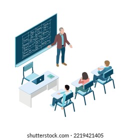 Isometric university classroom interior with teacher students desk board 3d vector illustration