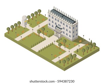 Isometric university composition with university building park and campus vector illustration