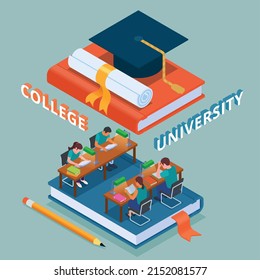 Isometric university composition with college students studing in library vector illustration