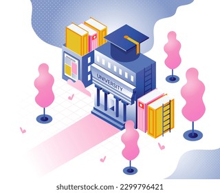 Isometric university concept. Building with books and graduation cap. Education, learning and training. College campus near trees. Landing page design. Cartoon vector illustration