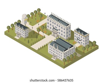 Isometric University Concept With University Buildings Lawns And Park Vector Illustration