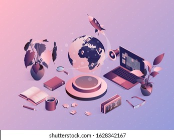 Isometric university concept with school elements. Online exam, distant education