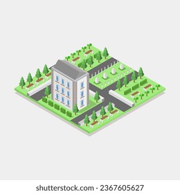 Universidad isométrica ilustrada en vector sobre el fondo