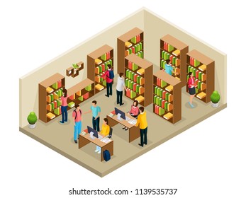 Isometric university library concept with studying and reading students in atheneum isolated vector illustration