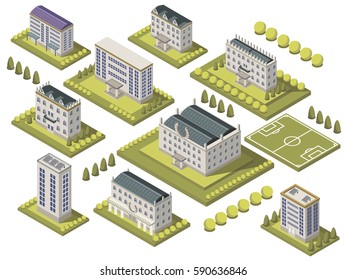 Isometric university set with sports ground and campus isolated vector illustration