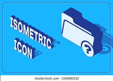 Isometric Unknown directory icon isolated on blue background. Magnifying glass and folder.  Vector Illustration