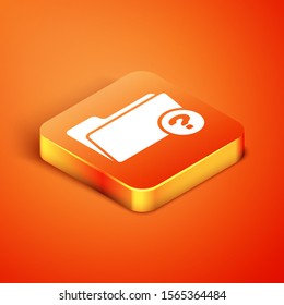 Isometric Unknown directory icon isolated on orange background. Magnifying glass and folder.  Vector Illustration
