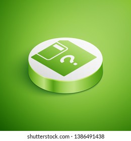 Isometric Unknown document icon isolated on green background. File with Question mark. Hold report, service and global search sign. White circle button. Vector Illustration