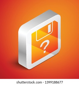 Isometric Unknown document icon isolated on orange background. File with Question mark. Hold report, service and global search sign. Silver square button. Vector Illustration