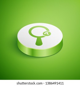 Isometric Unknown search icon isolated on green background. Magnifying glass and question mark. White circle button. Vector Illustration