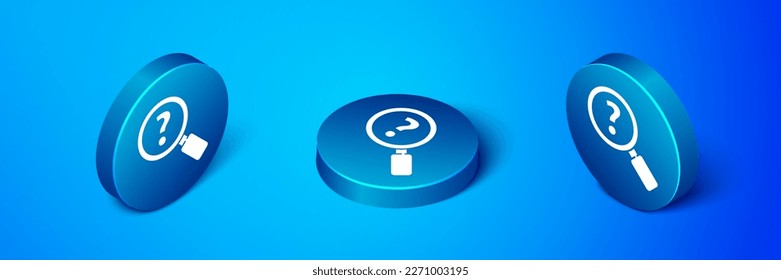 Isometric Unknown search icon aislado en fondo azul. Vidrio de aumento y signo de interrogación. Botón de círculo azul. Ilustración vectorial