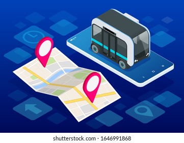 Isometric Unmanned Shuttle Bus. Automated self-driving vehicle system in city.