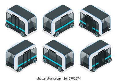 Isometric Unmanned Shuttle Bus. Automated self-driving vehicle system in city.