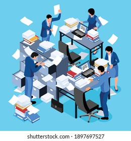 Isometric unorganized office work composition with flying paper sheets laptops and human characters of company employees vector illustration