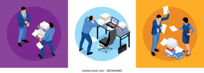 Isometric unorganized office work design concept with round compositions of distracted office workers with paper sheets vector illustration