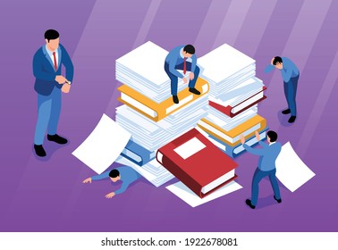 Isometric unorganized office work horizontal composition with human characters of office workers under piles of books vector illustration