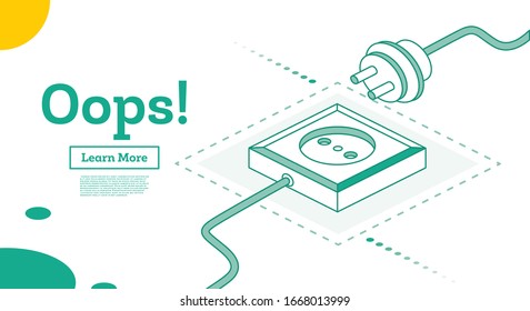 Isometric Unplugged Electric Plug and Socket Isolated on White. Vector Illustration. Minimalistic Design of 404 Error Page.