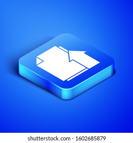 Isometric Upload file document icon isolated on blue background. Document arrow. Blue square button. Vector Illustration