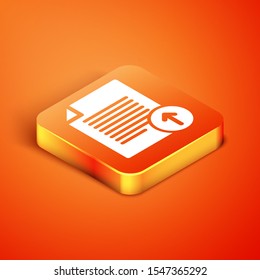 Isometric Upload file icon isolated on orange background. File document symbol. Document arrow.  Vector Illustration