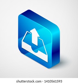 Isometric Upload inbox icon isolated on white background. Blue square button. Vector Illustration